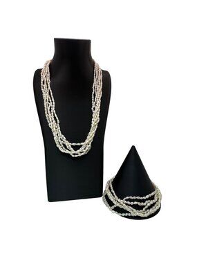 Vtg Multi Strand Necklace Bracelet Pearls Freshwater Rice Kesha Gold Tone Clasp